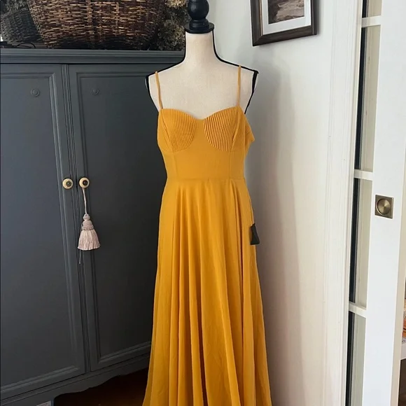 NWT Lulus Cause for Commotion Golden Yellow Pleated Bustier Maxi Dress - Picture 2 of 4